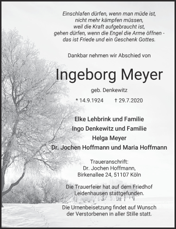 Anzeige von Ingeborg Meyer von  Kölner Wochenspiegel 