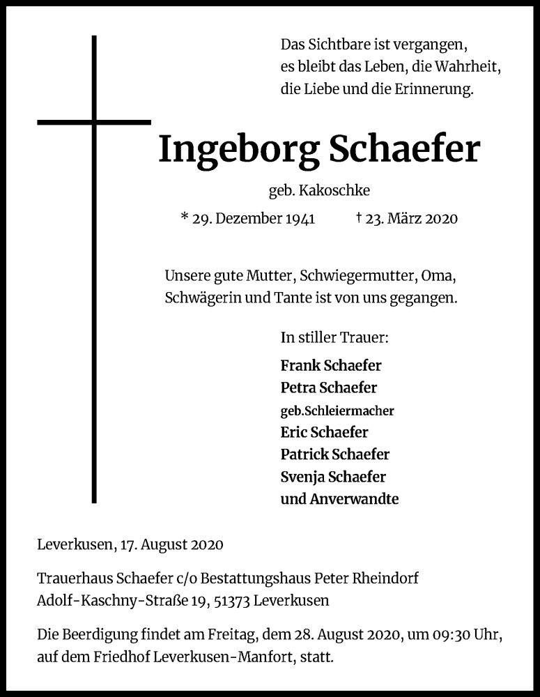  Traueranzeige für Ingeborg Schaefer vom 22.08.2020 aus Kölner Stadt-Anzeiger / Kölnische Rundschau / Express