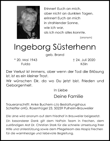 Anzeige von Ingeborg Süsterhenn von Kölner Stadt-Anzeiger / Kölnische Rundschau / Express