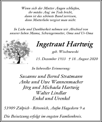 Anzeige von Ingetraut Hartwig von  Blickpunkt Euskirchen 