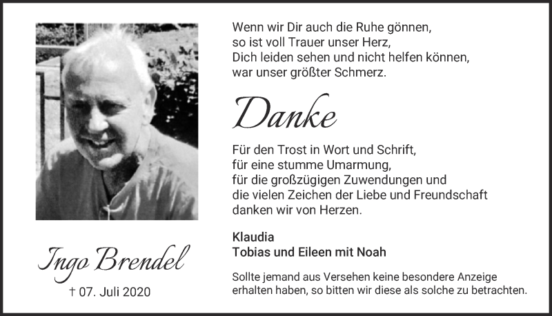  Traueranzeige für Ingo Brendel vom 22.08.2020 aus  Blickpunkt Euskirchen 