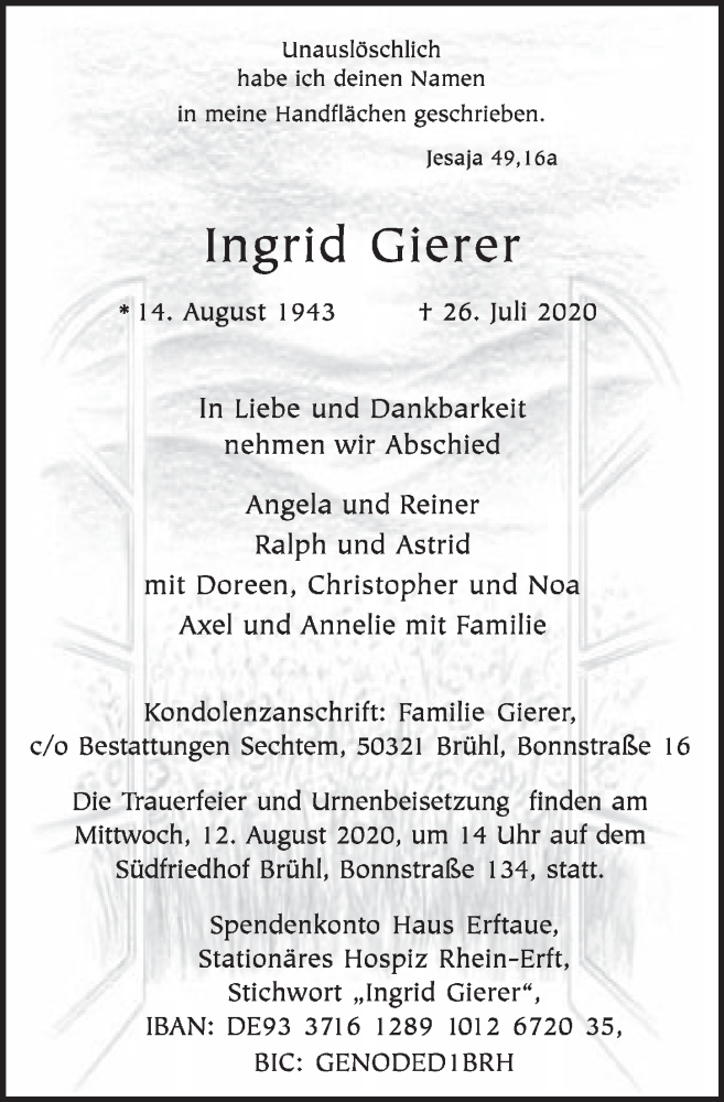  Traueranzeige für Ingrid Gierer vom 07.08.2020 aus  Schlossbote/Werbekurier 