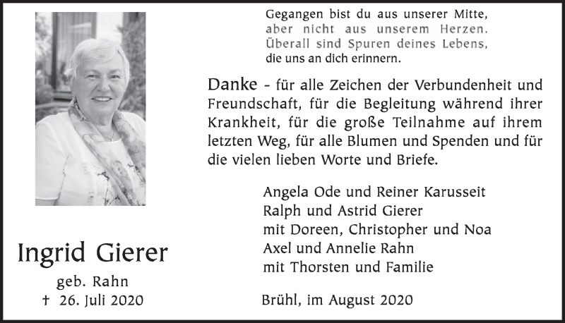  Traueranzeige für Ingrid Gierer vom 28.08.2020 aus  Schlossbote/Werbekurier 