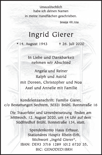 Anzeige von Ingrid Gierer von  Schlossbote/Werbekurier 