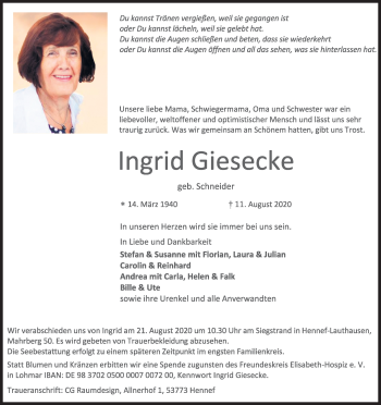 Anzeige von Ingrid Giesecke von Kölner Stadt-Anzeiger / Kölnische Rundschau / Express