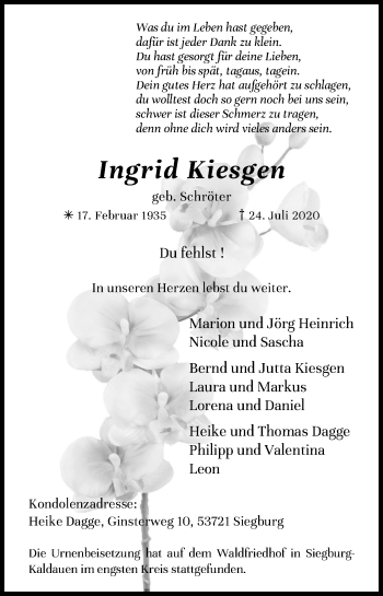 Anzeige von Ingrid Kiesgen von Kölner Stadt-Anzeiger / Kölnische Rundschau / Express