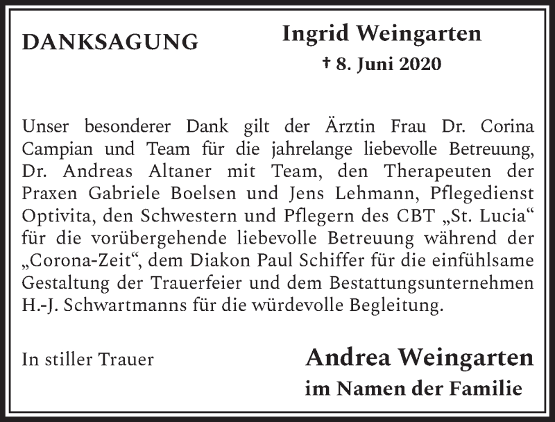  Traueranzeige für Ingrid Weingarten vom 07.08.2020 aus  Schlossbote/Werbekurier 