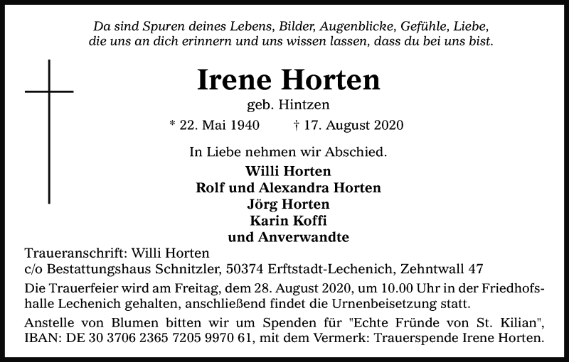  Traueranzeige für Irene Horten vom 22.08.2020 aus Kölner Stadt-Anzeiger / Kölnische Rundschau / Express