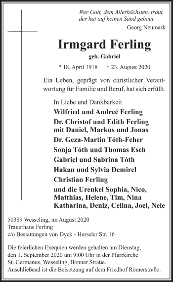 Anzeige von Irmgard Ferling von  Schlossbote/Werbekurier 