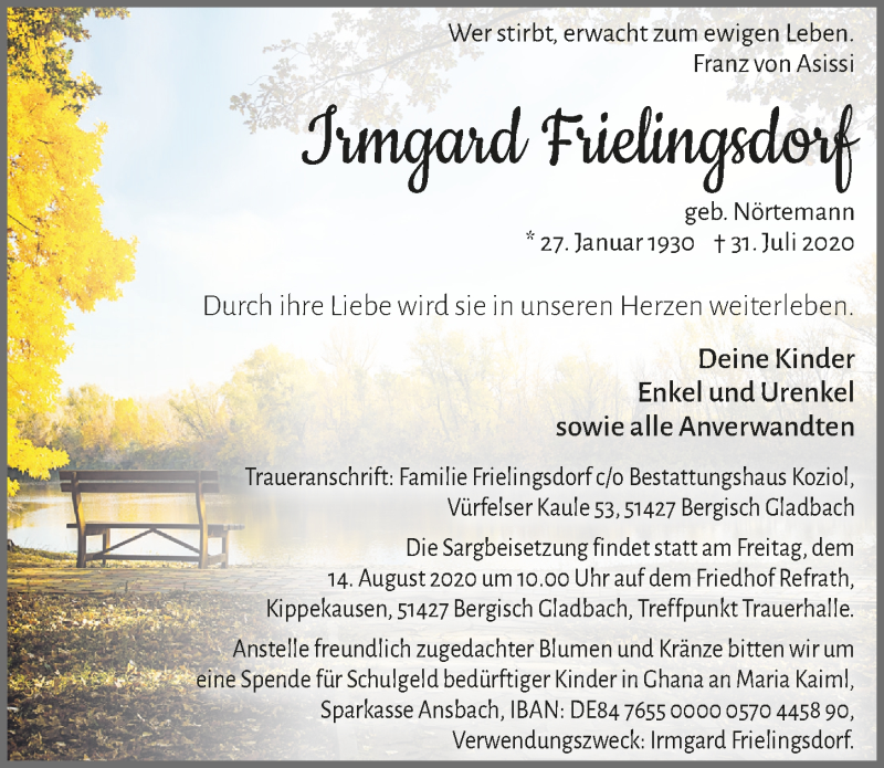  Traueranzeige für Irmgard Frielingsdorf vom 07.08.2020 aus  Bergisches Handelsblatt 