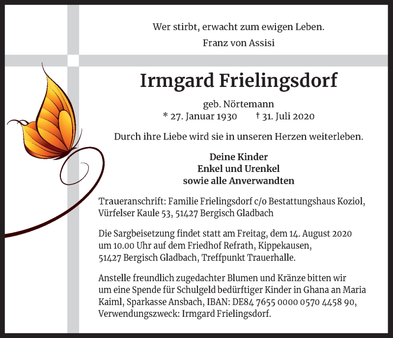  Traueranzeige für Irmgard Frielingsdorf vom 08.08.2020 aus Kölner Stadt-Anzeiger / Kölnische Rundschau / Express