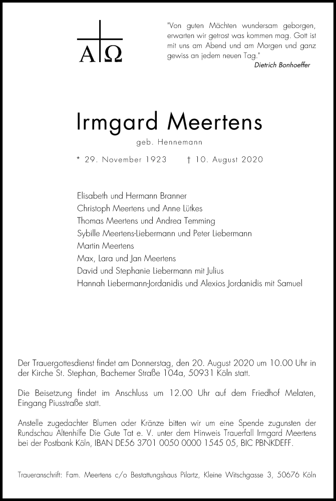  Traueranzeige für Irmgard Meertens vom 15.08.2020 aus Kölner Stadt-Anzeiger / Kölnische Rundschau / Express