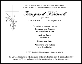 Anzeige von Irmgard Schmidt von Kölner Stadt-Anzeiger / Kölnische Rundschau / Express