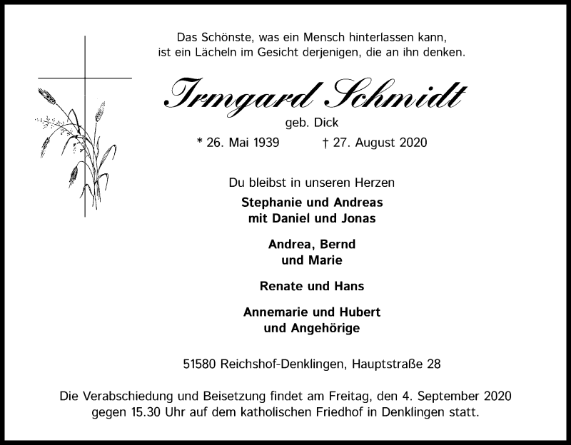  Traueranzeige für Irmgard Schmidt vom 01.09.2020 aus Kölner Stadt-Anzeiger / Kölnische Rundschau / Express
