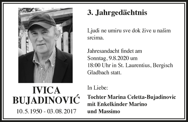  Traueranzeige für Ivica Bujadinovic vom 07.08.2020 aus  Bergisches Handelsblatt 