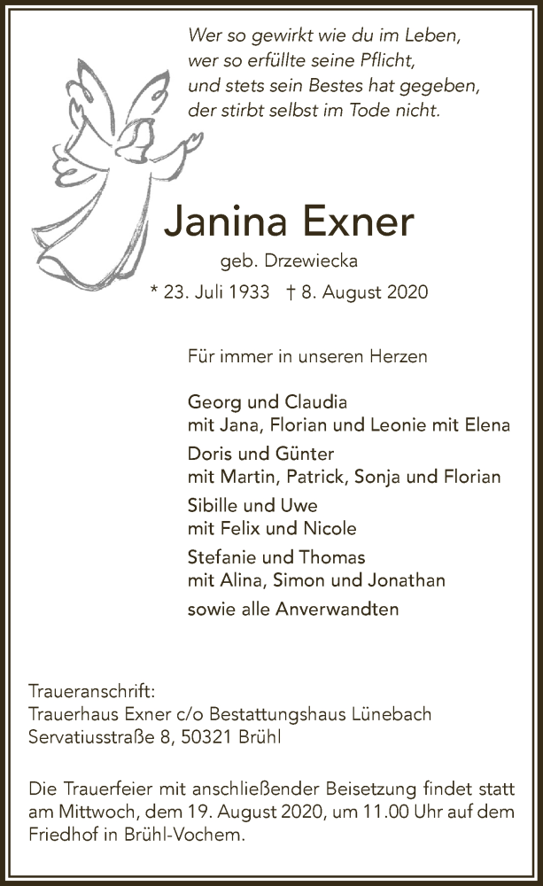  Traueranzeige für Janina Exner vom 14.08.2020 aus  Schlossbote/Werbekurier 