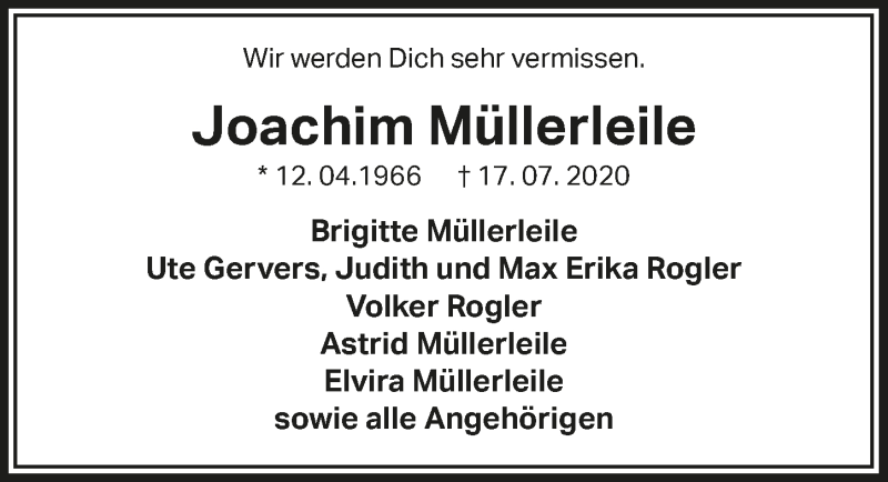  Traueranzeige für Joachim Müllerleile vom 14.08.2020 aus  Schaufenster/Blickpunkt 