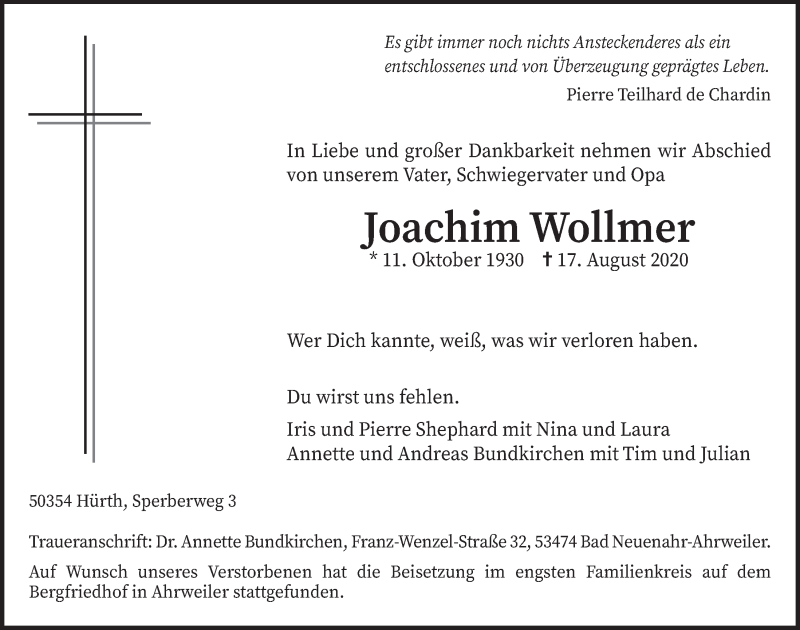  Traueranzeige für Joachim Wollmer vom 28.08.2020 aus  Wochenende 