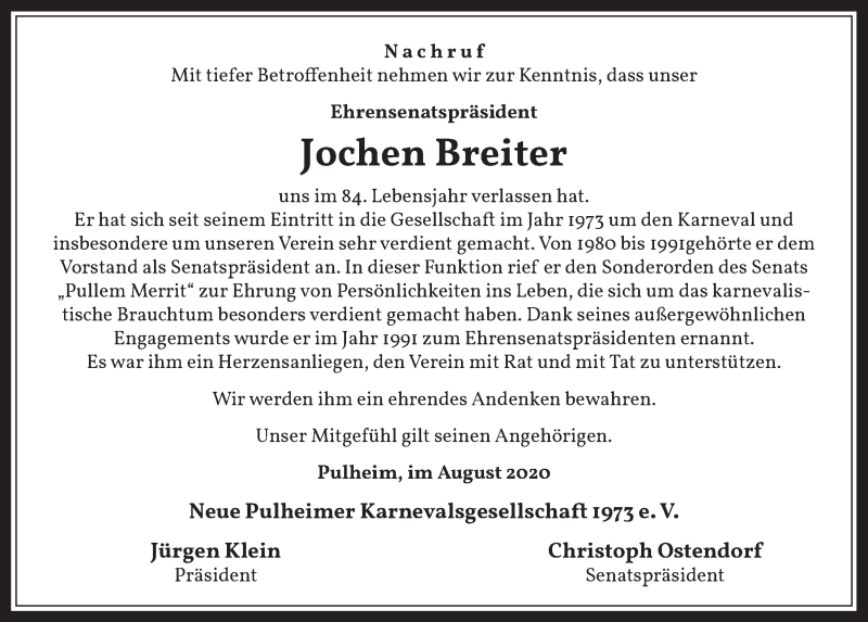  Traueranzeige für Jochen Breiter vom 07.08.2020 aus  Wochenende 