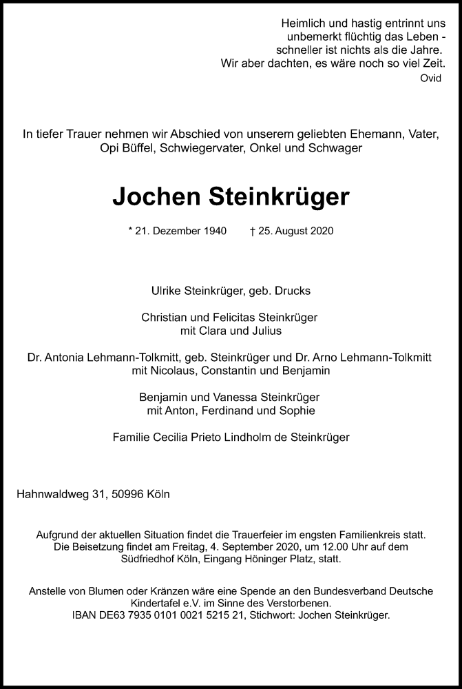  Traueranzeige für Jochen Steinkrüger vom 29.08.2020 aus Kölner Stadt-Anzeiger / Kölnische Rundschau / Express