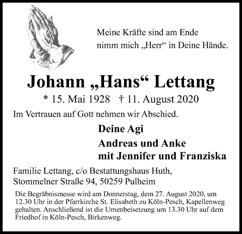  Traueranzeige für Johann Lettang vom 22.08.2020 aus Kölner Stadt-Anzeiger / Kölnische Rundschau / Express