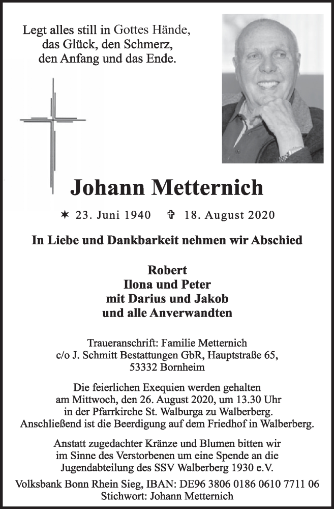  Traueranzeige für Johann Metternich vom 21.08.2020 aus  Schlossbote/Werbekurier 