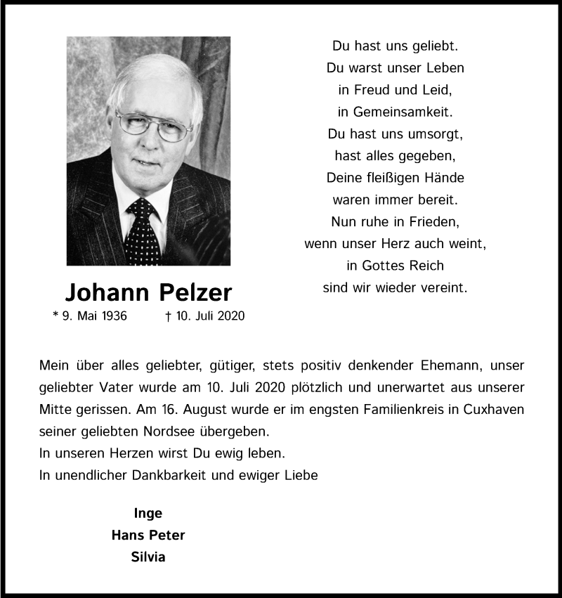  Traueranzeige für Johann Pelzer vom 29.08.2020 aus Kölner Stadt-Anzeiger / Kölnische Rundschau / Express