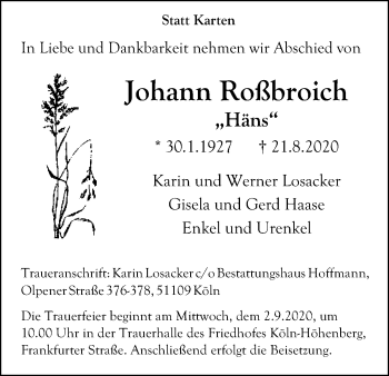 Anzeige von Johann Roßbroich von Kölner Stadt-Anzeiger / Kölnische Rundschau / Express
