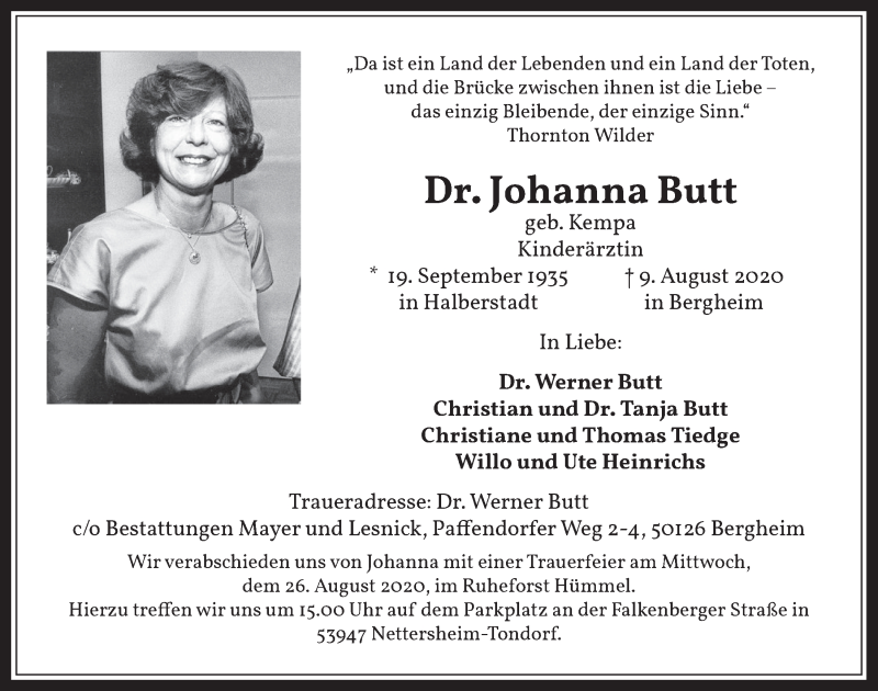  Traueranzeige für Johanna Butt vom 14.08.2020 aus  Werbepost 