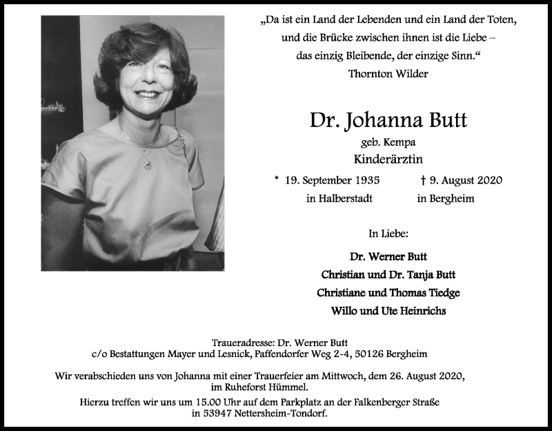  Traueranzeige für Johanna Butt vom 15.08.2020 aus Kölner Stadt-Anzeiger / Kölnische Rundschau / Express