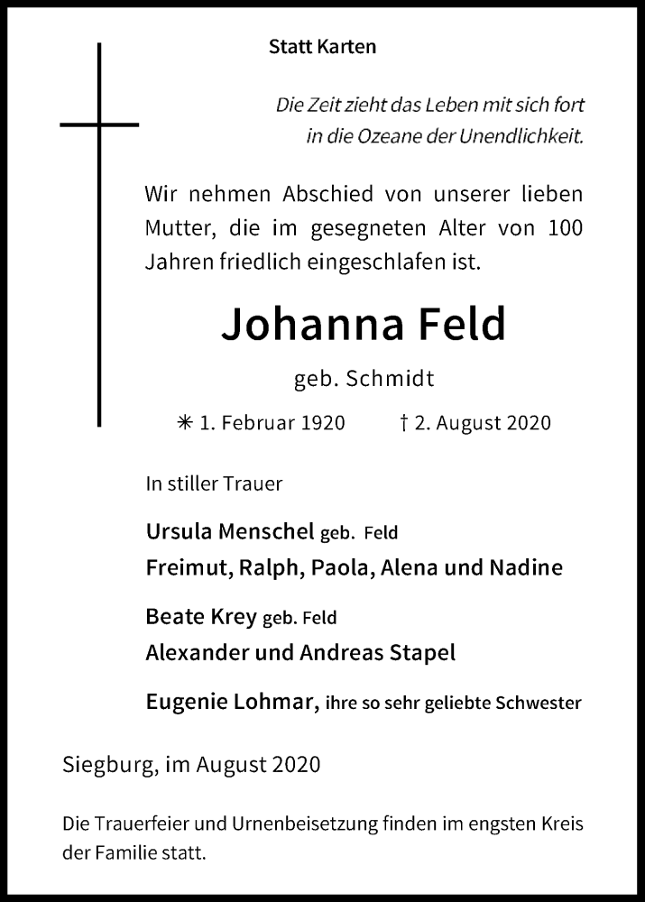  Traueranzeige für Johanna Feld vom 08.08.2020 aus Kölner Stadt-Anzeiger / Kölnische Rundschau / Express