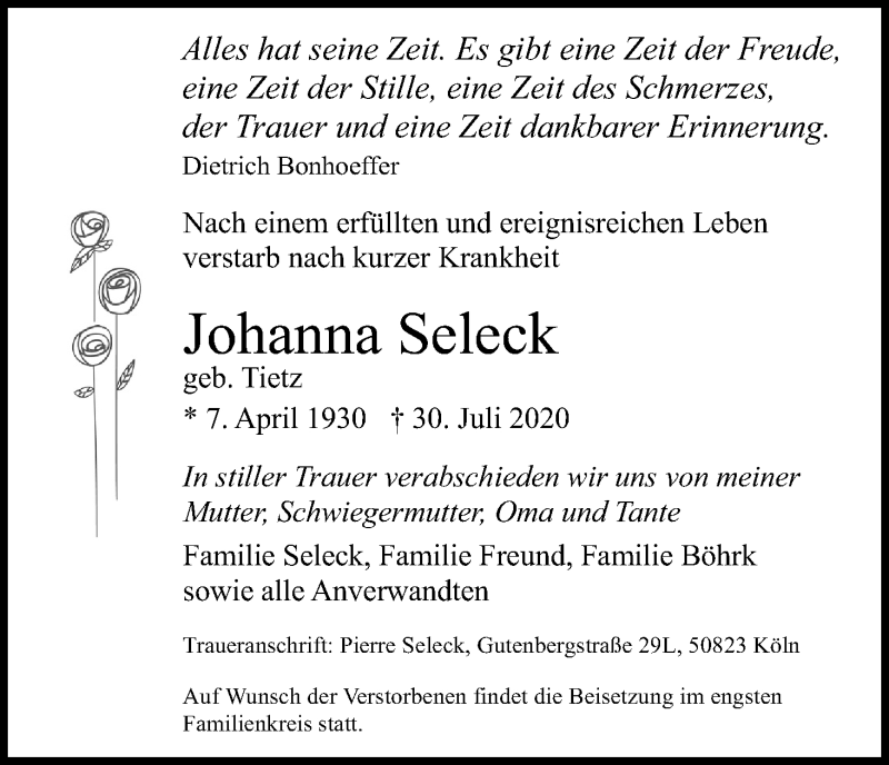  Traueranzeige für Johanna Seleck vom 08.08.2020 aus Kölner Stadt-Anzeiger / Kölnische Rundschau / Express