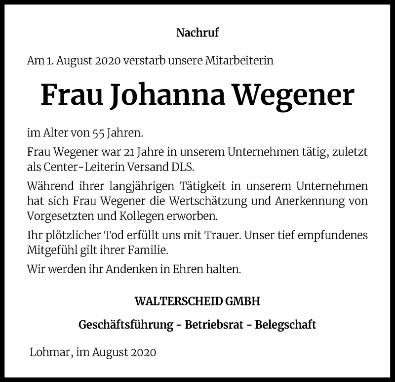  Traueranzeige für Johanna Wegener vom 14.08.2020 aus Kölner Stadt-Anzeiger / Kölnische Rundschau / Express