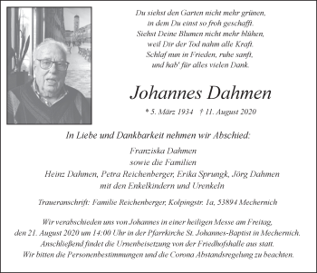 Anzeige von Johannes Dahmen von  Blickpunkt Euskirchen 