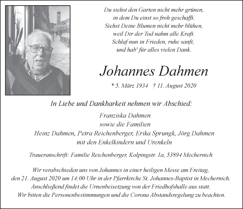  Traueranzeige für Johannes Dahmen vom 15.08.2020 aus  Blickpunkt Euskirchen 