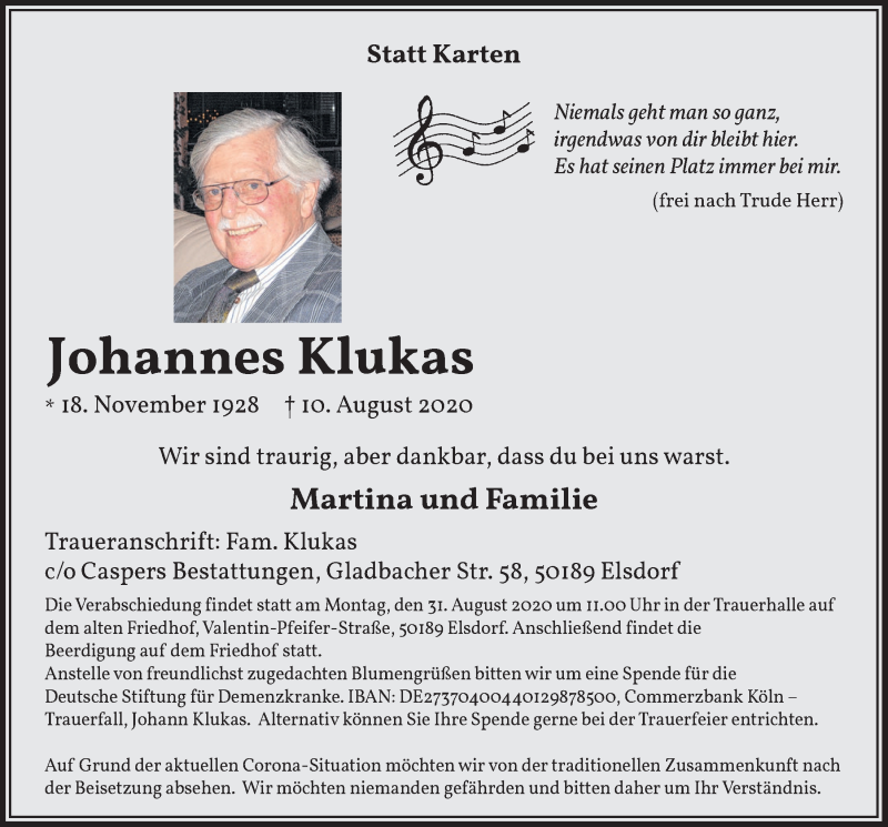  Traueranzeige für Johannes Klukas vom 21.08.2020 aus  Werbepost 