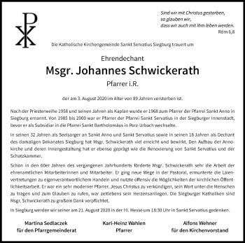 Anzeige von Johannes Schwickerath von Kölner Stadt-Anzeiger / Kölnische Rundschau / Express