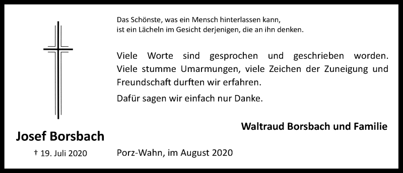  Traueranzeige für Josef Borsbach vom 07.08.2020 aus  Kölner Wochenspiegel 