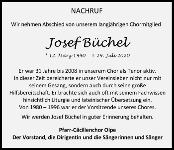 Anzeige von Josef Büchel von Kölner Stadt-Anzeiger / Kölnische Rundschau / Express