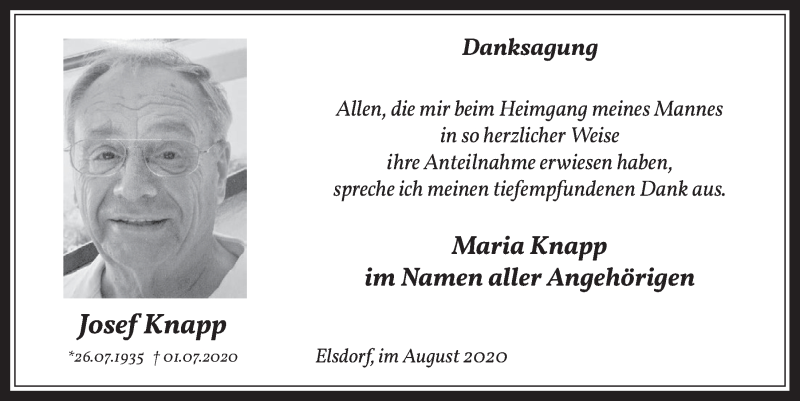  Traueranzeige für Josef Knapp vom 07.08.2020 aus  Werbepost 