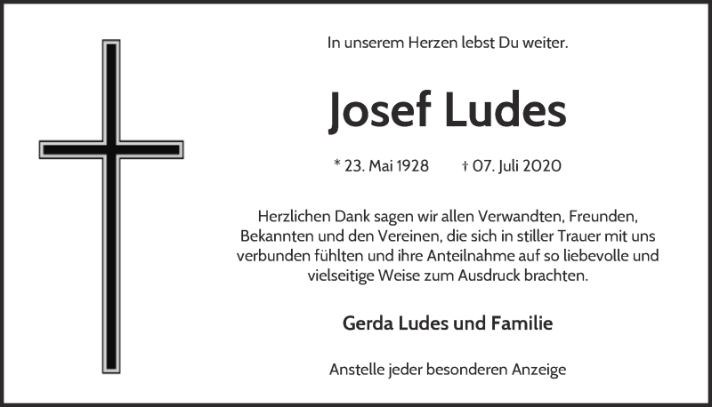  Traueranzeige für Josef Ludes vom 08.08.2020 aus  Blickpunkt Euskirchen 