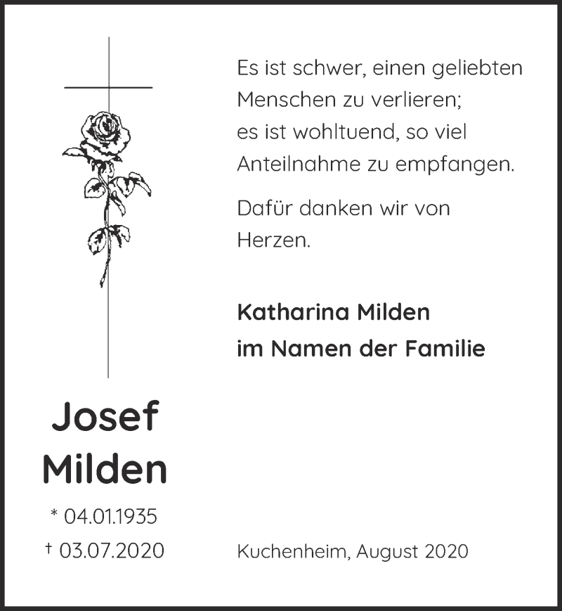  Traueranzeige für Josef Milden vom 15.08.2020 aus  Blickpunkt Euskirchen 