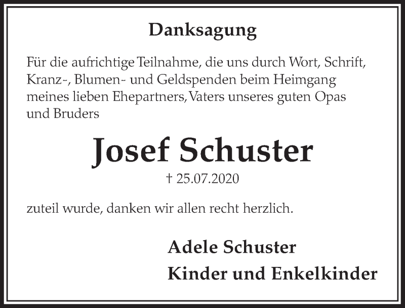  Traueranzeige für Josef Schuster vom 14.08.2020 aus  Schlossbote/Werbekurier 