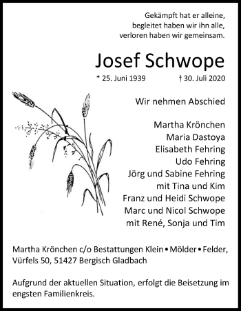Anzeige von Josef Schwope von Kölner Stadt-Anzeiger / Kölnische Rundschau / Express