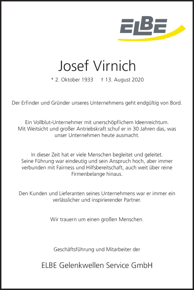  Traueranzeige für Josef Virnich vom 29.08.2020 aus Kölner Stadt-Anzeiger / Kölnische Rundschau / Express
