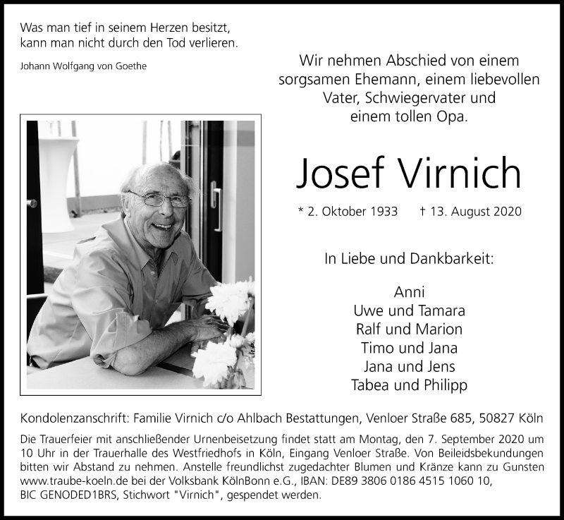  Traueranzeige für Josef Virnich vom 29.08.2020 aus Kölner Stadt-Anzeiger / Kölnische Rundschau / Express
