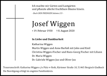 Anzeige von Josef Wiggen von Kölner Stadt-Anzeiger / Kölnische Rundschau / Express