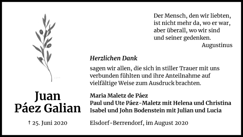  Traueranzeige für Juan Páez Galian vom 15.08.2020 aus Kölner Stadt-Anzeiger / Kölnische Rundschau / Express