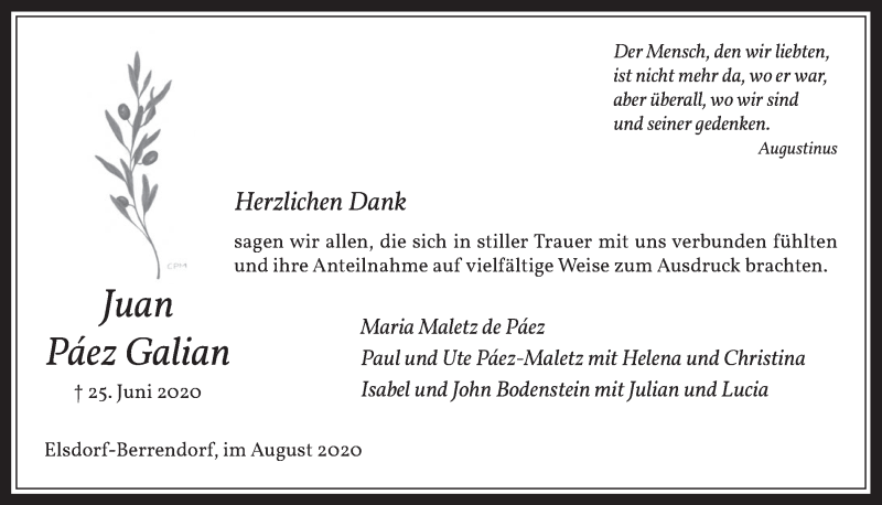  Traueranzeige für Juan Páez Galian vom 14.08.2020 aus  Werbepost 