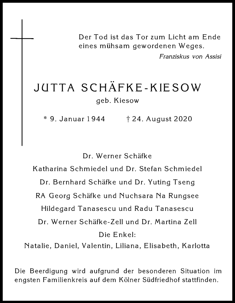  Traueranzeige für Jutta Schäfke-Kiesow vom 29.08.2020 aus Kölner Stadt-Anzeiger / Kölnische Rundschau / Express